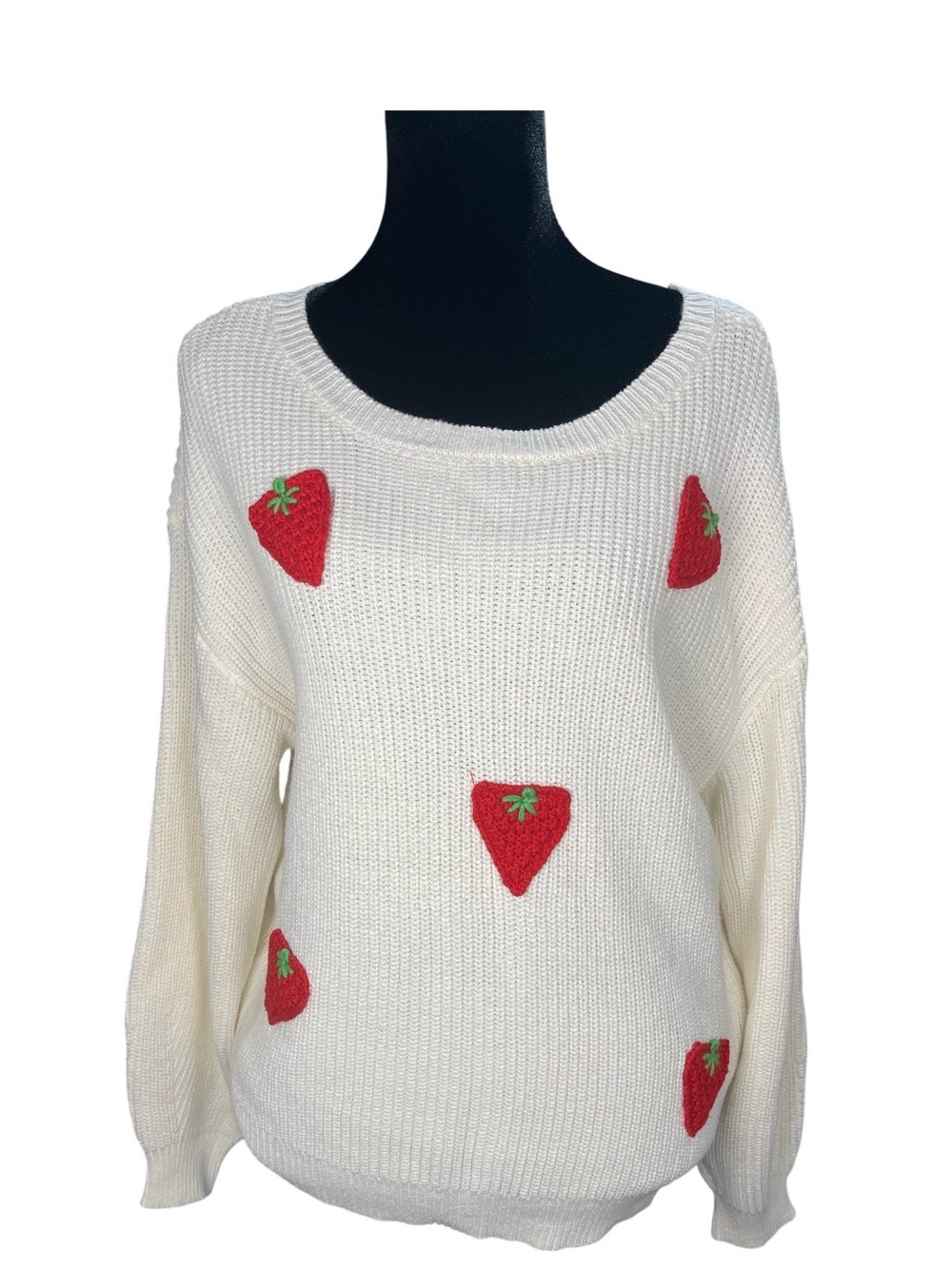 Vigoss White Scoop Neck Sweater with Red Strawberry Appliqués